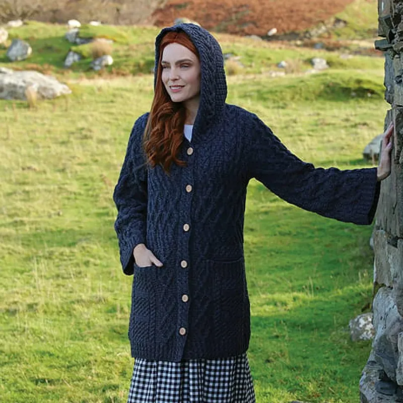 Women's Hooded Merino Wool Long Cardigan