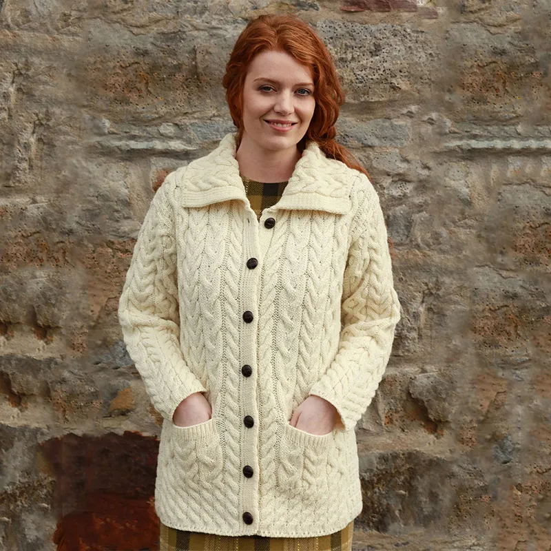 A20329 WHITE Colour Irish Thick Cable Knit Cardigan Gaelsong