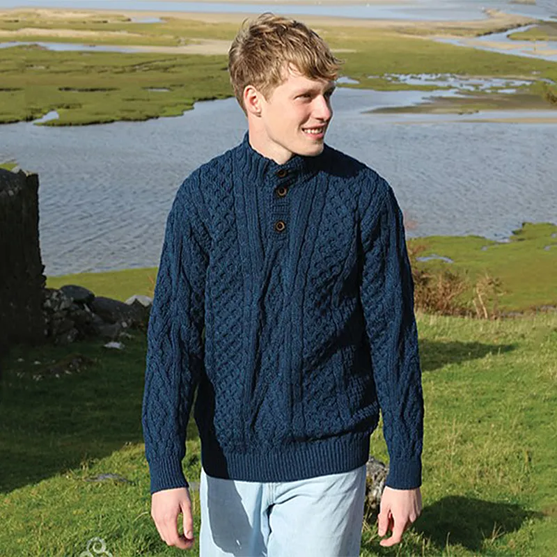 A20330 ATLANTIC BLUE Colour Aran Fisherman Turtleneck Sweater Lifestyle  Gaelsong