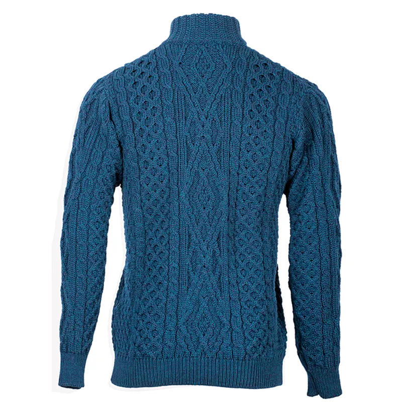 A20330 ATLANTIC BLUE Colour Aran Fisherman Turtleneck Sweater Studio Back Side View Gaelsong
