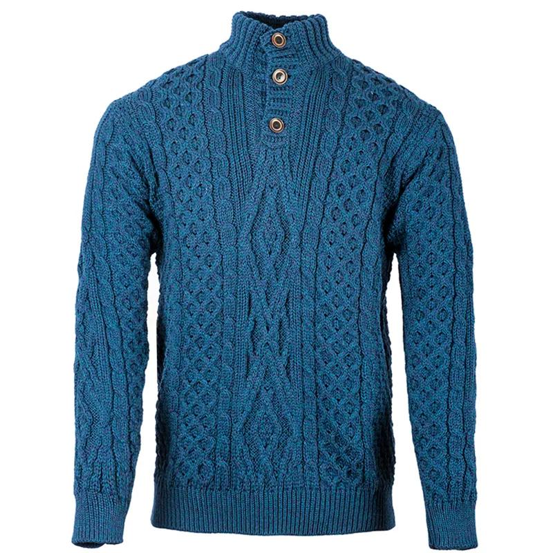 A20330 ATLANTIC BLUE Colour Aran Fisherman Turtleneck Sweater Studio Front View Gaelsong