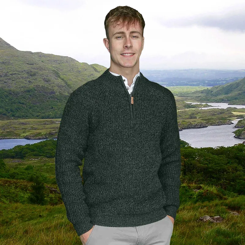 Classic Irish Fisherman Zip Sweater- Atlantic Marl