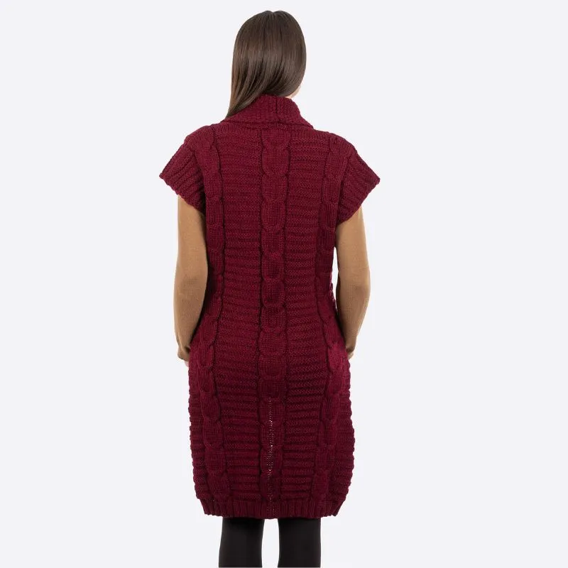 A20334 Women's Wool Long Aran Cardigan Red Back View Gaelsong