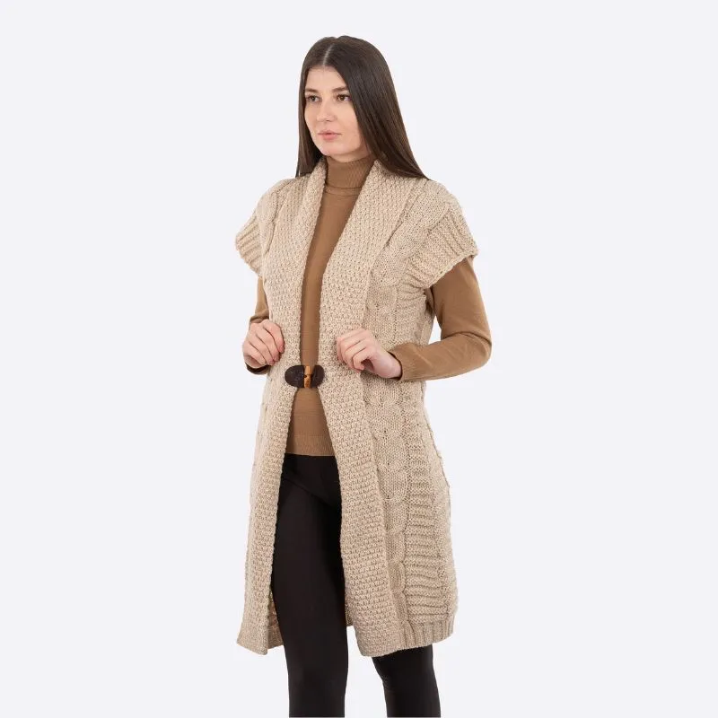 A20334 Women's Wool Long Aran Cardigan Cream Gaelsong