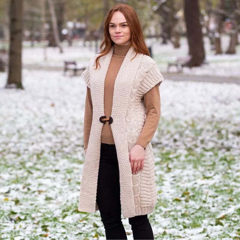 A20334 Women's Wool Long Aran Cardigan Lifestyle Gaelsong