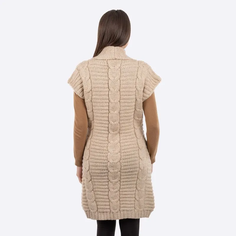 A20334 Women's Wool Long Aran Cardigan Cream Back View Gaelsong