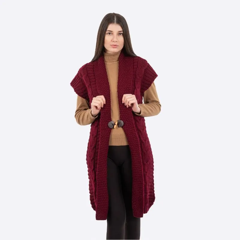 A20334 Women's Wool Long Aran Cardigan Red Gaelsong