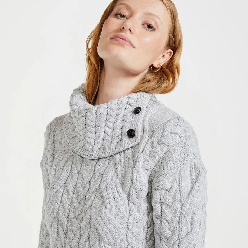 A20336 Women's Aran Button Up Collared Sweater Grey Gaelsong