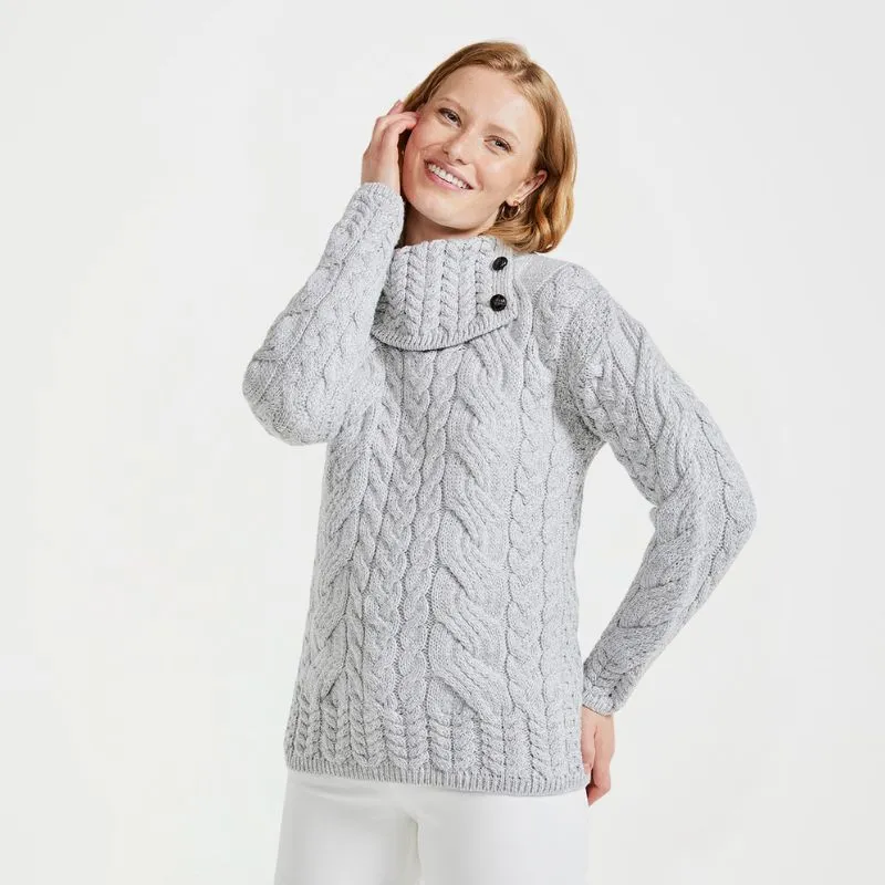 A20336 Women's Aran Button Up Collared Sweater Grey Gaelsong