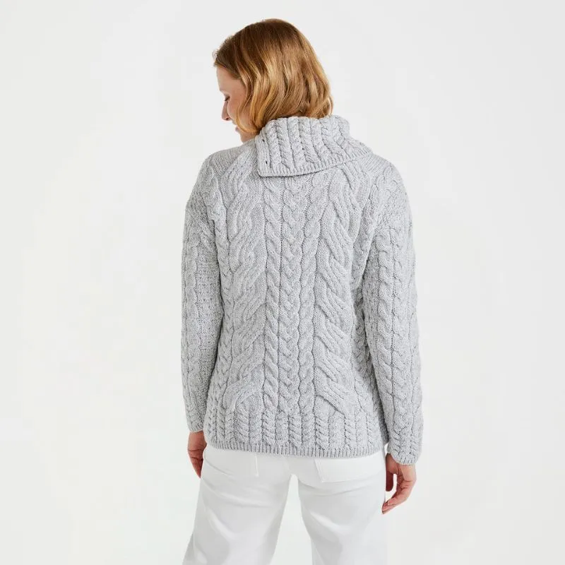 A20336 Women's Aran Button Up Collared Sweater Grey Back Gaelsong