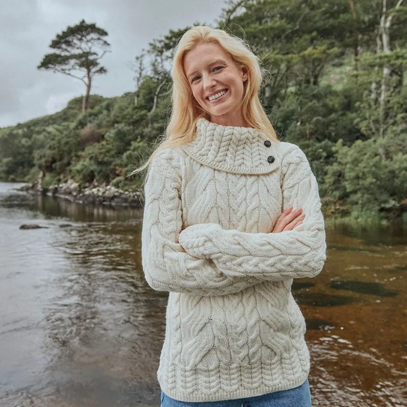 A20336 Women's Aran Button Up Collared Sweater White Gaelsong