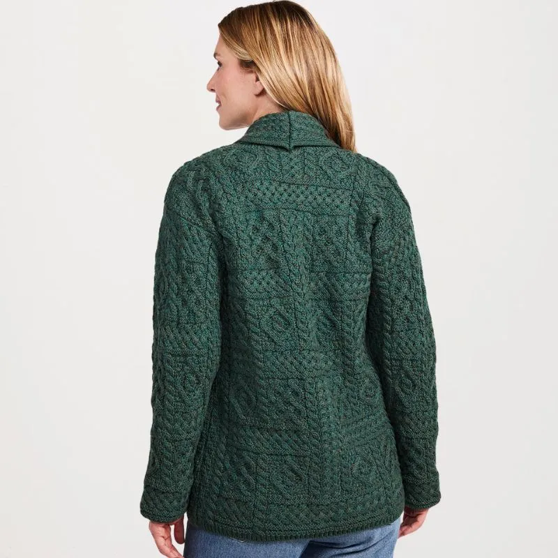 A20339 Women's Open Front Aran Merino Wool Cardigan Green Gaelsong
