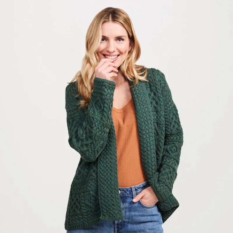 A20339 Women's Open Front Aran Merino Wool Cardigan Green Gaelsong