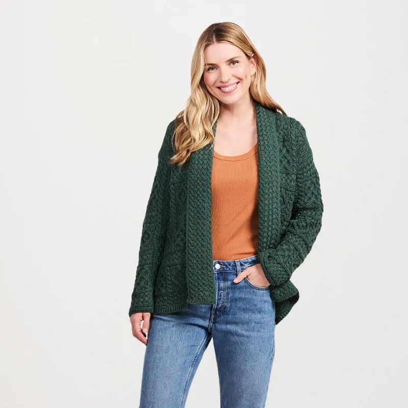 A20339 Women's Open Front Aran Merino Wool Cardigan Green Gaelsong