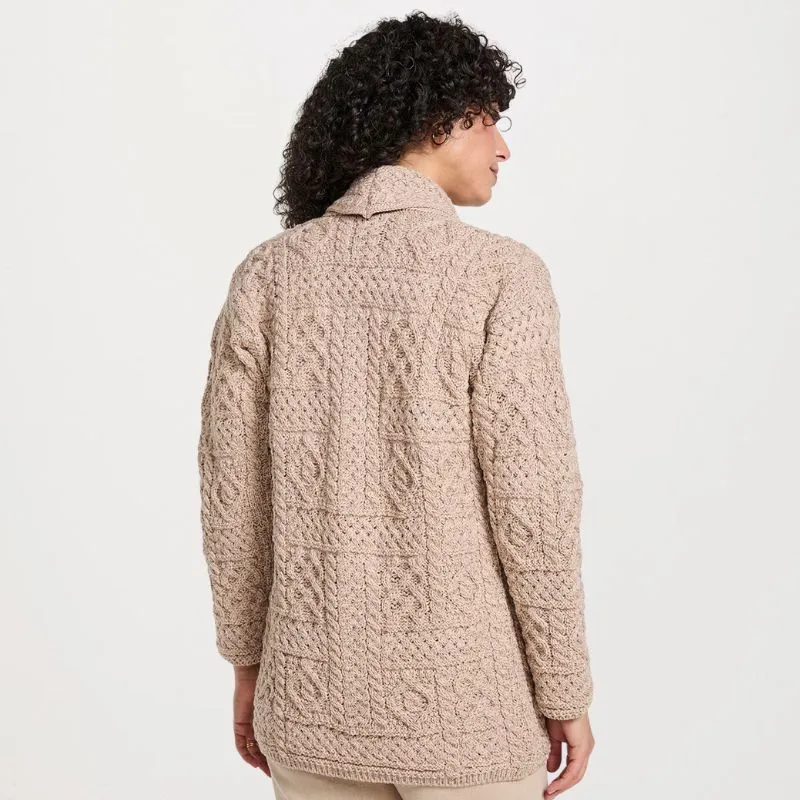 A20339 Women's Open Front Aran Merino Wool Cardigan Misty Beige Gaelsong