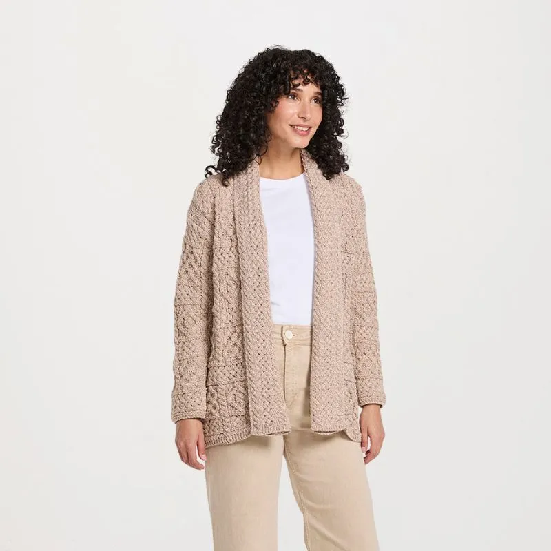 A20339 Women's Open Front Aran Merino Wool Cardigan Misty Beige Gaelsong