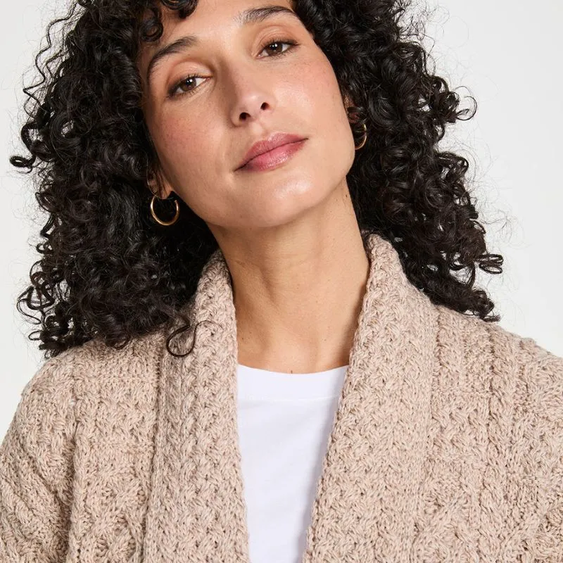 A20339 Women's Open Front Aran Merino Wool Cardigan Misty Beige Gaelsong