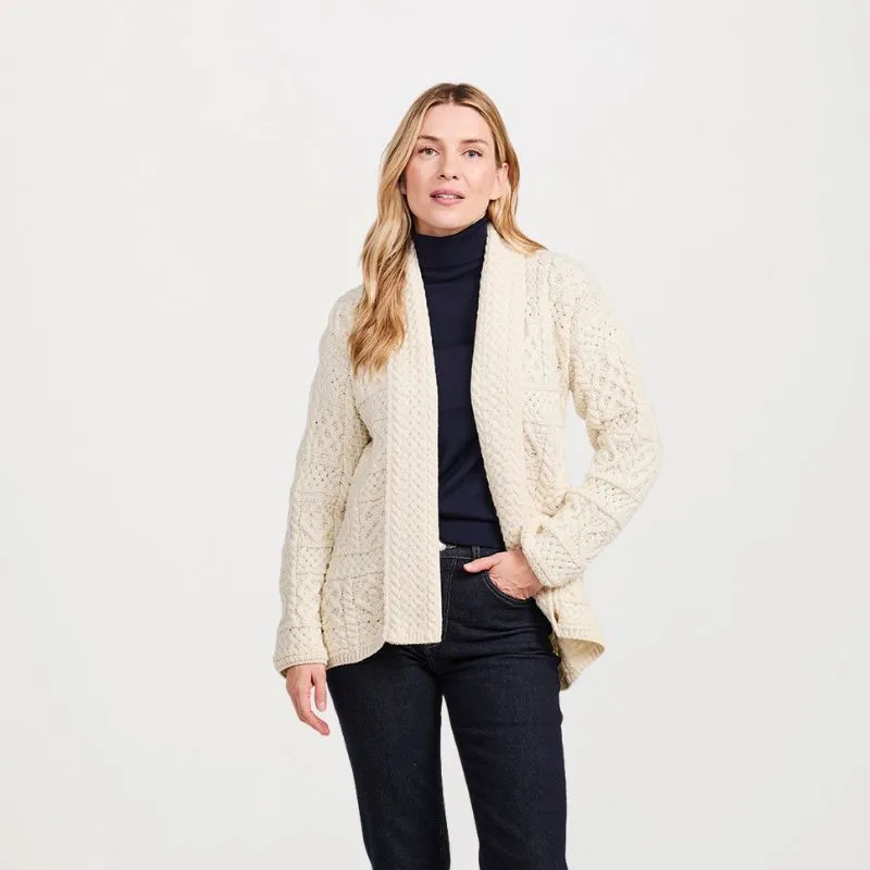 A20339 Women's Open Front Aran Merino Wool Cardigan White Gaelsong