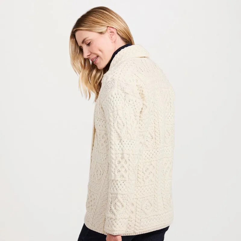 A20339 Women's Open Front Aran Merino Wool Cardigan White Gaelsong