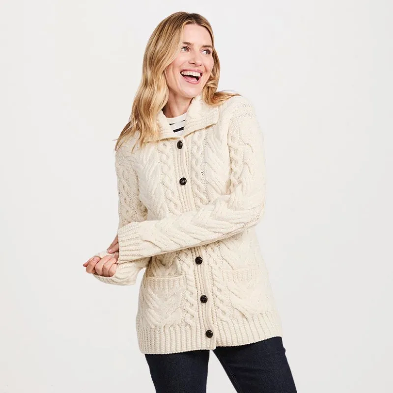 A20341 Ladies' Merino Wool Long Buttoned Cardigan White Gaelsong
