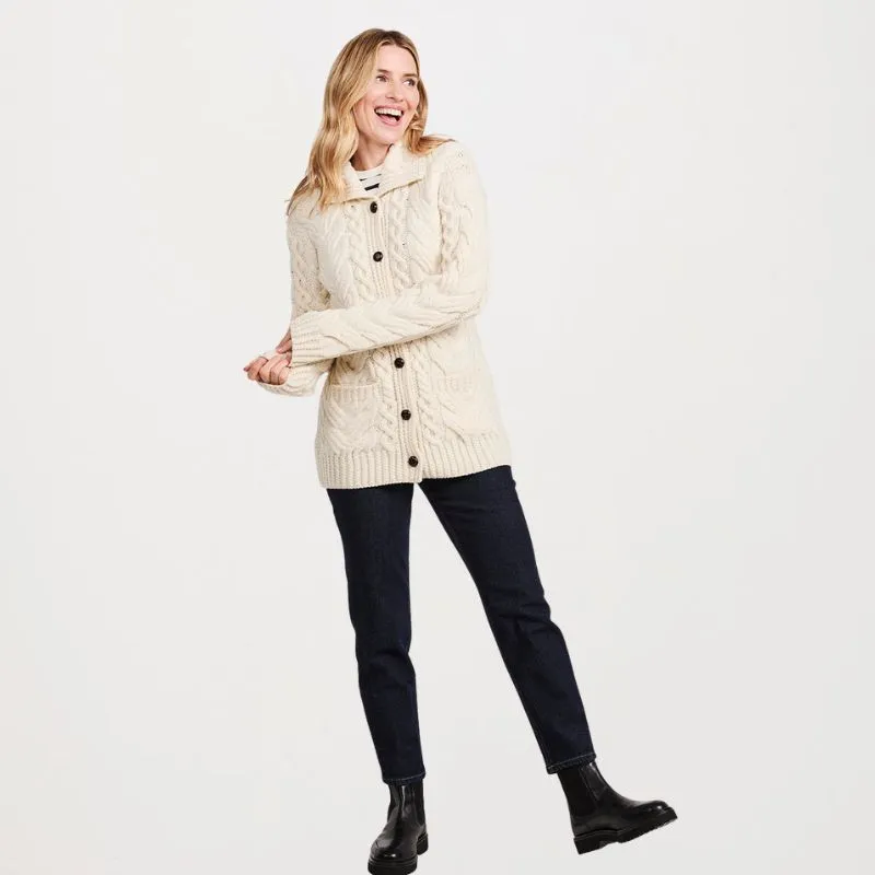 A20341 Ladies' Merino Wool Long Buttoned Cardigan White Gaelsong