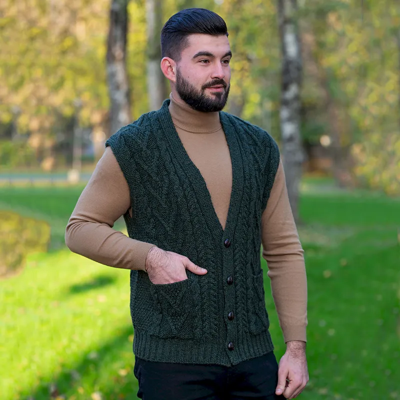 A40172 ARMY GREEN Colour Irish Wool Waistcoat with Pockets Lifestyle Gaelsong