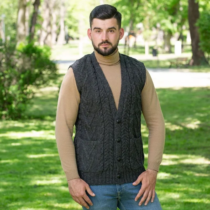 A40172 CHARCOAL Colour Irish Wool Waistcoat with Pockets Gaelsong