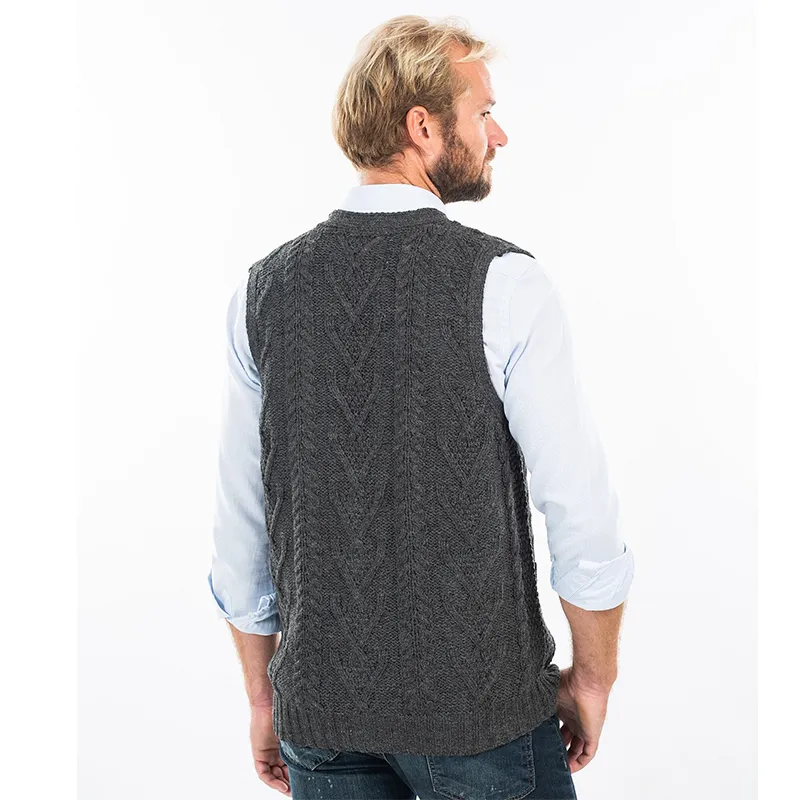 A40172 CHARCOAL Colour Irish Wool Waistcoat with Pockets Studio Back Side Gaelsong