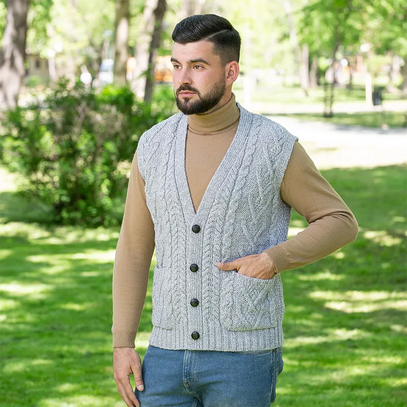 A40172 GREY Colour Irish Wool Waistcoat with Pockets Gaelsong