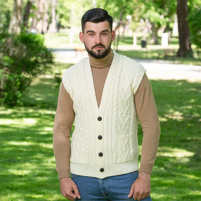 A40172 NATURAL WHITE Colour Irish Wool Waistcoat with Pockets Gaelsong