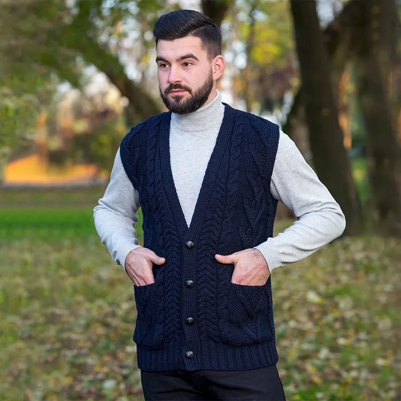 A40172 NAVY Colour Irish Wool Waistcoat with Pockets Gaelsong