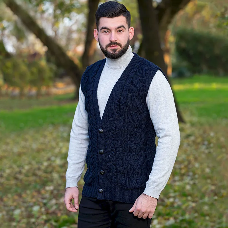 A40172 NAVY Colour Irish Wool Waistcoat with Pockets lLifestyle Gaelsong