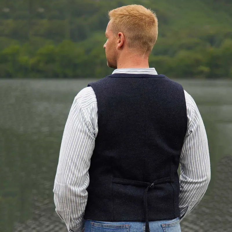 A40177 Color NAVY Buttoned Irish Wool Tweed Vest Back View Gaelsong