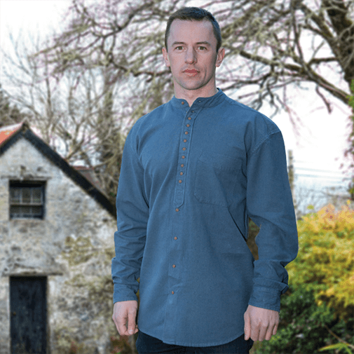Men's Cotton Collarless Grandfather Shirt in Ink Blue