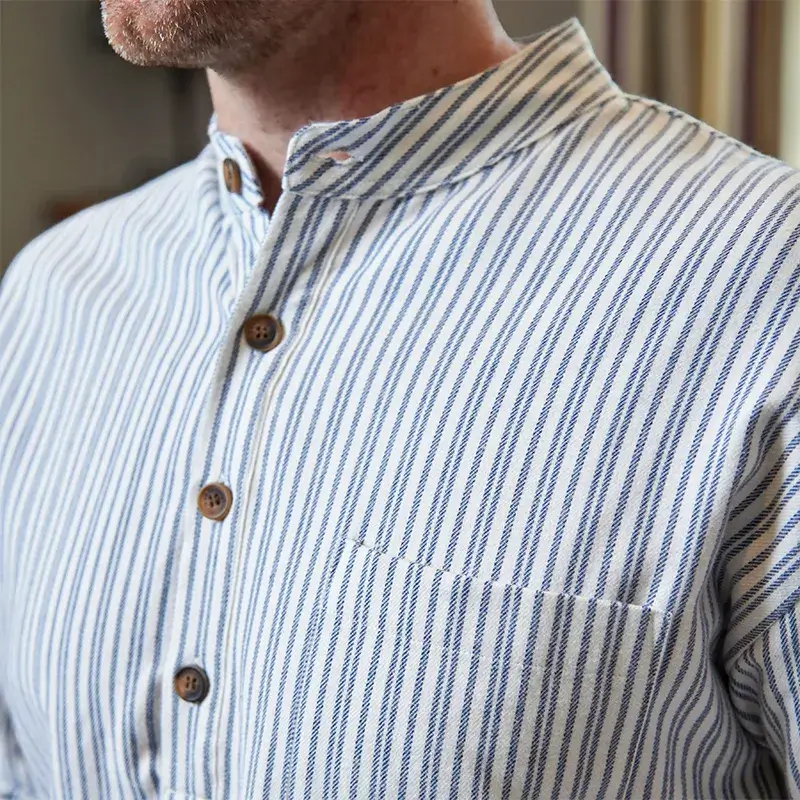 A60130 Striped Cotton Men's Flannel Nightshirt Closeup Chest View Gaelsong
