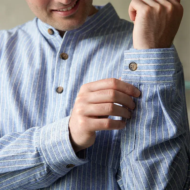 A60134 Blarney Stone Stripes Men's Cotton Nightshirt Closeup Sleeve View Gaelsong