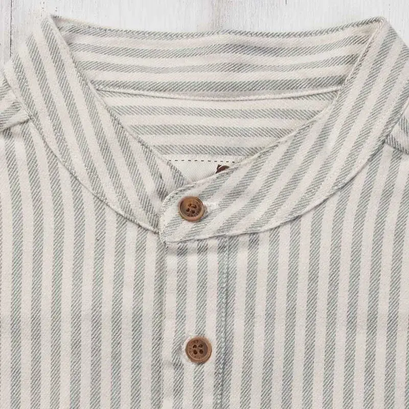 A60144 Ireland Flannel Cotton Striped Grandfather Shirt Collar View Gaelsong 