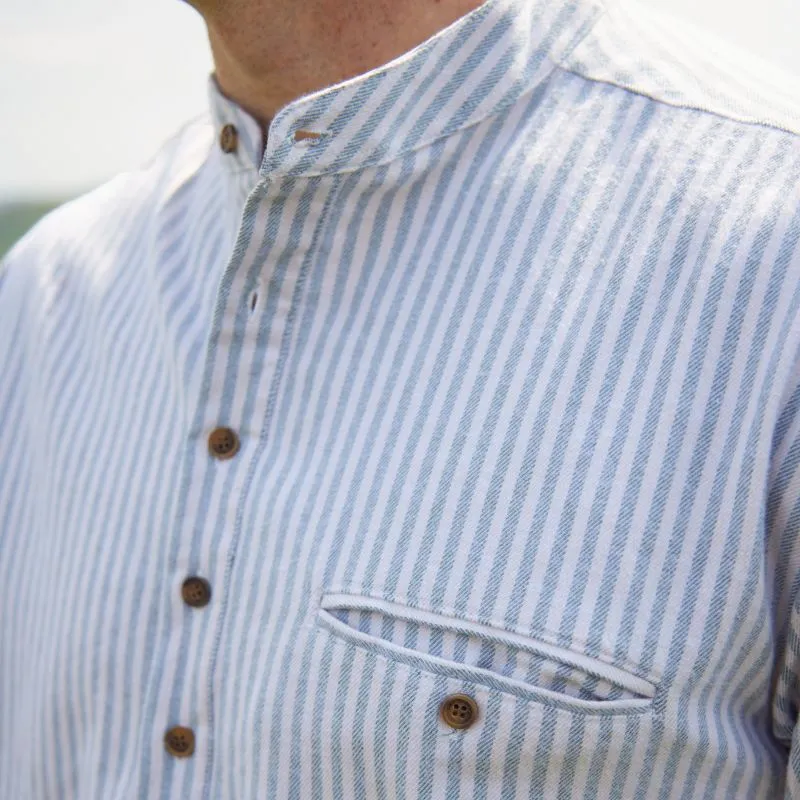 A60144 Ireland Flannel Cotton Striped Grandfather Shirt Closeup Collar View Gaelsong 