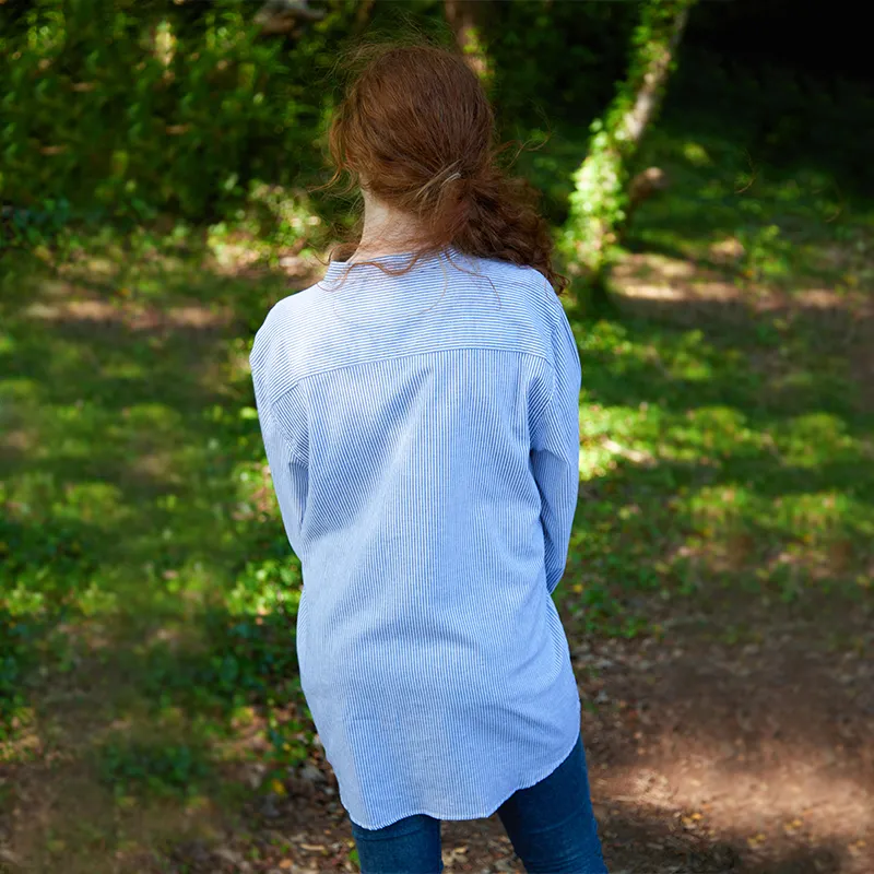 A60160 Women's Navy Striped Irish Linen Grandfather Shirt Back Side Gaelsong 