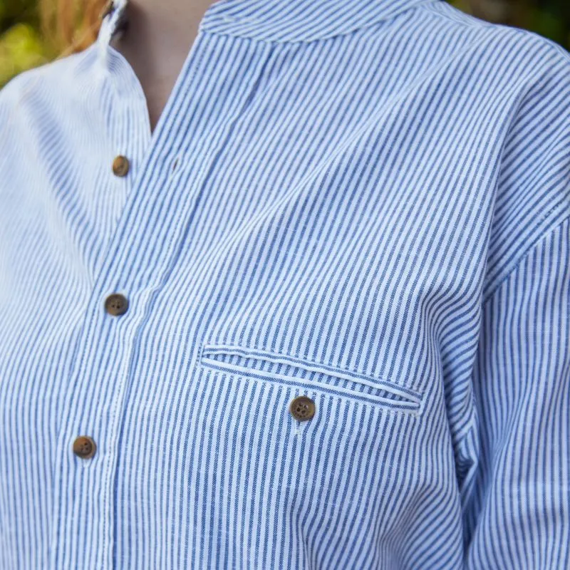 A60160 Women's Navy Striped Irish Linen Grandfather ShirtCloseup Chest Pocket View  Gaelsong 