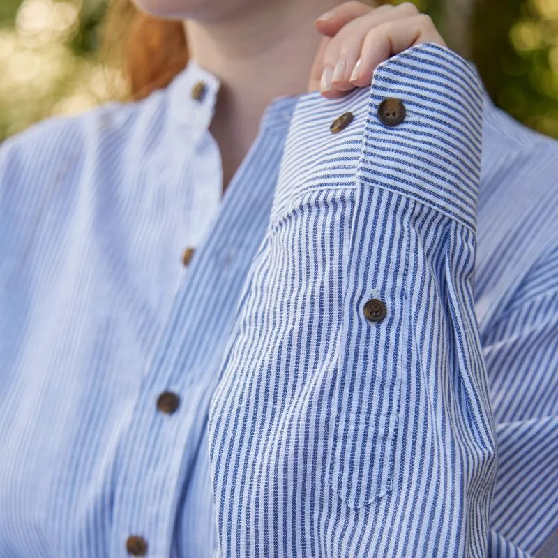 A60160 Women's Navy Striped Irish Linen Grandfather Shirt Closeup Sleeve View Gaelsong 