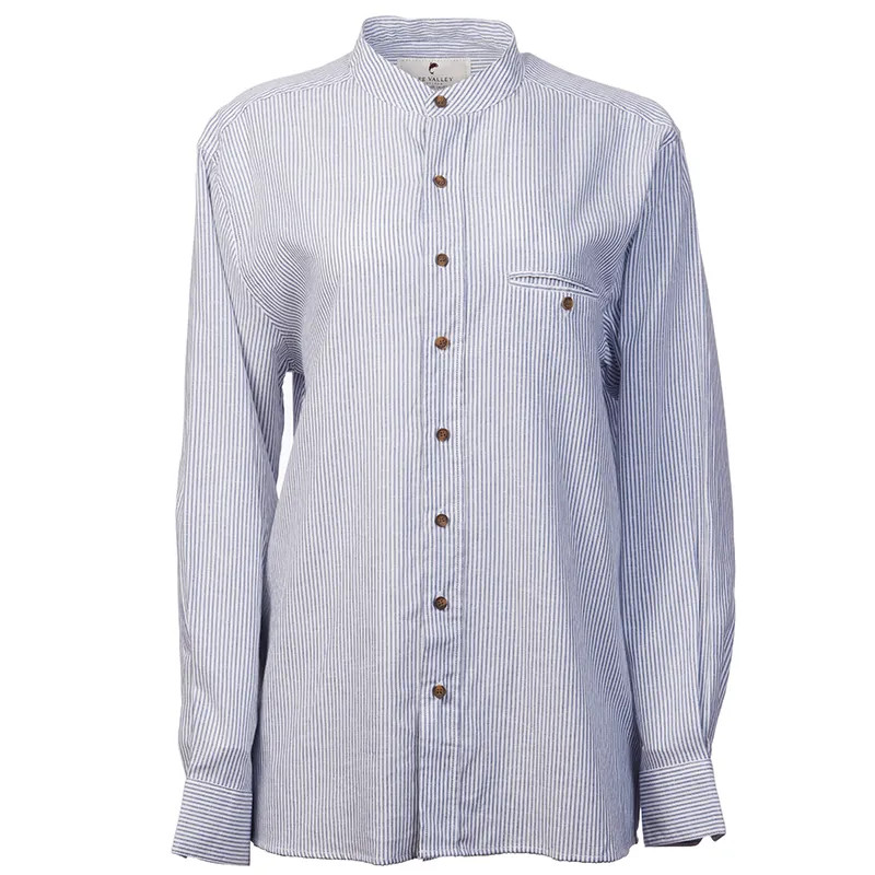 A60160 Women's Navy Striped Irish Linen Grandfather Shirt Studio Gaelsong 