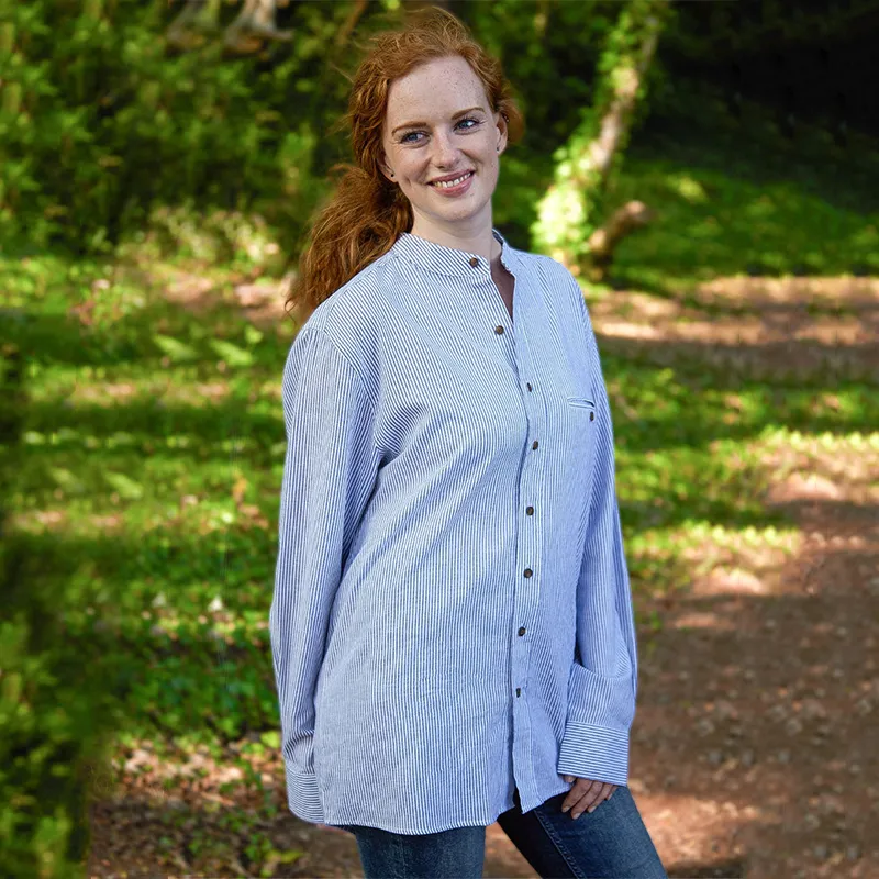 Women's Navy Striped Irish Linen Grandfather Shirt 