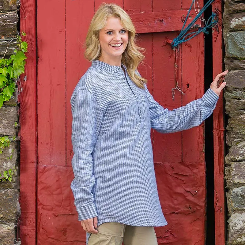 A60161 Women's Grey Striped Irish Linen Grandfather Shirt Side View Gaelsong
