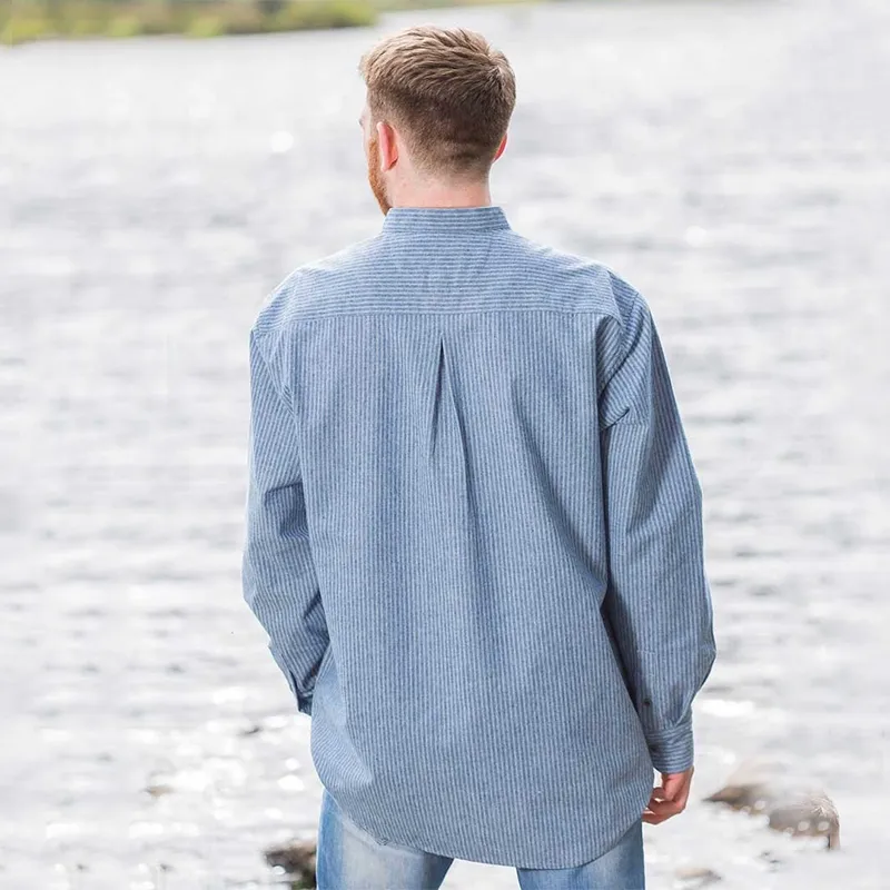 A60162 Blue Stripe Men's Irish Grandfather Shirt Back Side View Gaelsong
