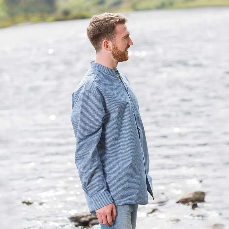A60162 Blue Stripe Men's Irish Grandfather Shirt Side View Gaelsong