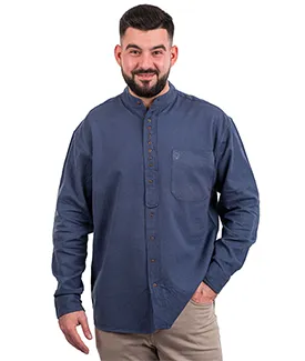 Irish Cotton Grandfather Shirt in Ink Blue