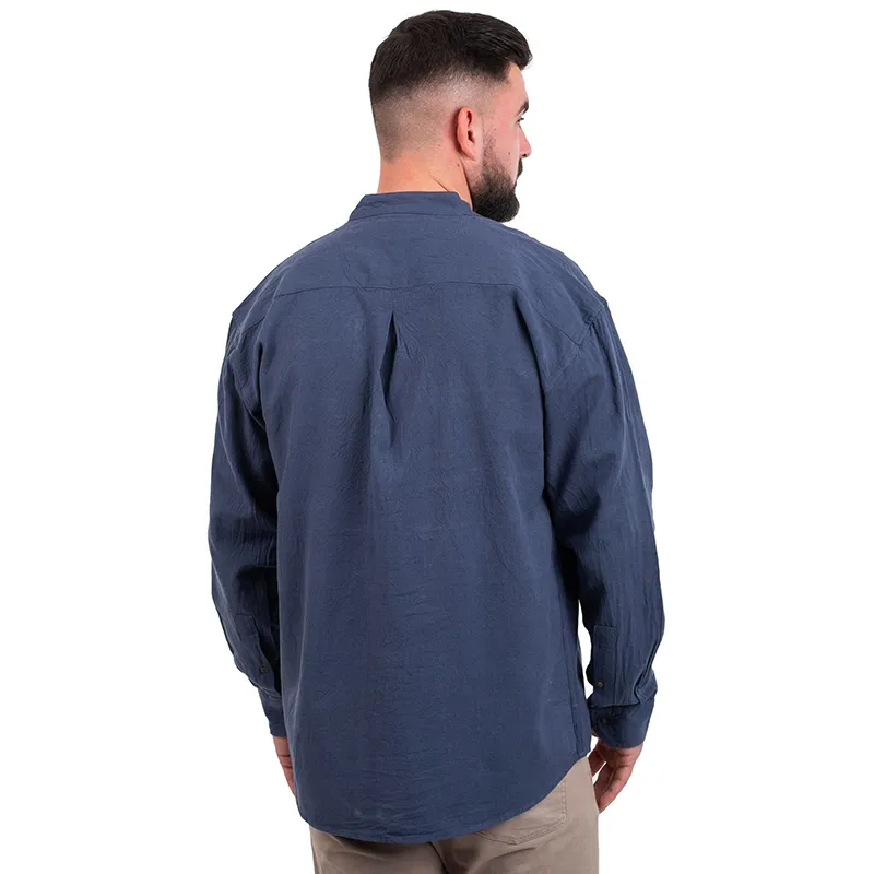 A60170 Irish Cotton Grandfather Shirt in Ink Blue Studio Back Side Gaelsong