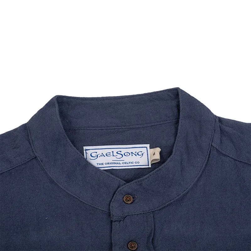 A60170 Irish Cotton Grandfather Shirt in Ink Blue Collar Closeup View Gaelsong