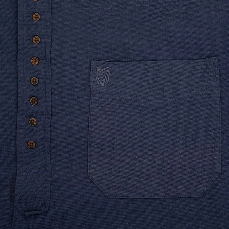 A60170 Irish Cotton Grandfather Shirt in Ink Blue Pocket Closeup View Gaelsong